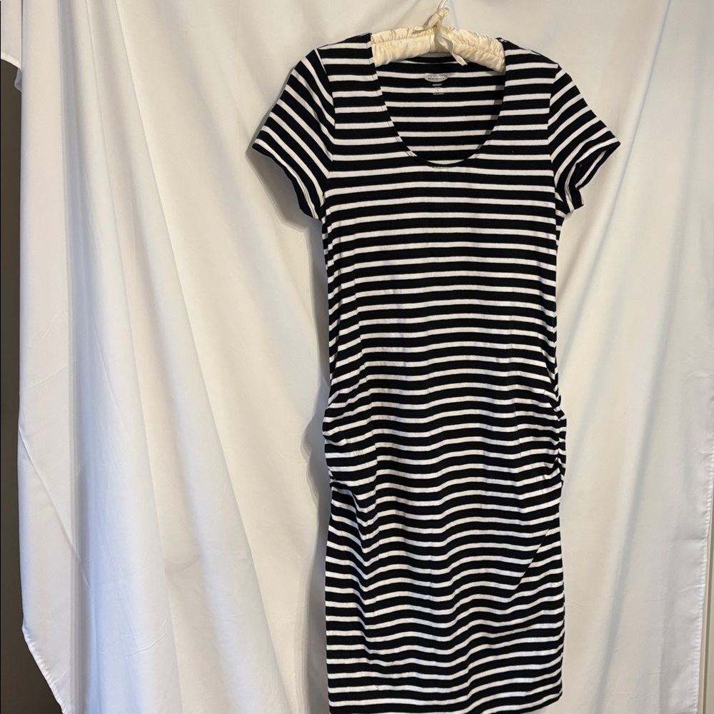 Old Navy Black and White Striped Fitted Maternity Dress. - Picture 3 of 7